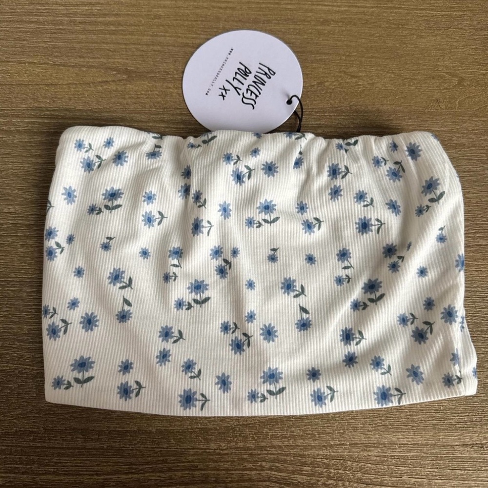 Princess Polly White Ribbed Strapless Bandeau with Blue Floral Print